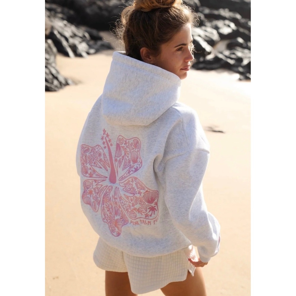 Pink Palm Puff Hawaii Hibiscus Hoodie Heather Cloud Gray Pink Medium Oversized - Picture 2 of 3